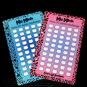 May include: Two rectangular savings tracker cards with leopard print borders. The blue card features the text My Minis Save 50 minis challenge and 50 white cat icons. The pink and purple gradient card features the same text and Black Cat Budgets.