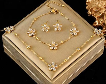 3 pcs Stainless Steel White Zirconia Flower Petal Necklace Bracelet Earrings Set For Women New Trendy Jewelry Party Gift