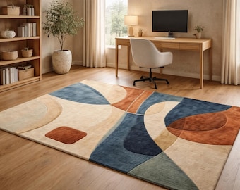 Abstract Design Handcrafted Wool Rug  Custom Size 8x10, 9x12 Modern Area Rug Handmade Rug for Living Room Bedroom Office Décor