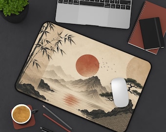 Japanse Japandi Landscape-bureaumat | Minimale zonsondergang bergbamboekunst