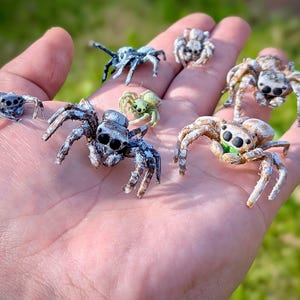 May include: A collection of miniature spider figurines in various colors, including blue, green, and brown. The spiders have detailed features and are resting on a hand, with a blurred green background.