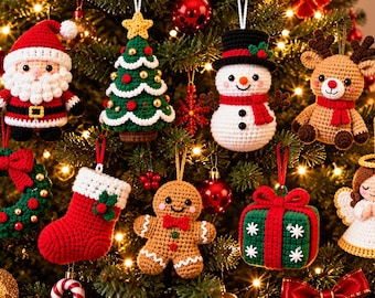 May include: A collection of nine crocheted Christmas ornaments hanging on a tree, including a Santa Claus, a decorated tree, a snowman, a reindeer, a wreath, a stocking, a gingerbread person, a gift box, and an angel with a halo.