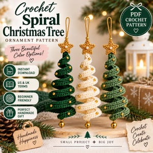 May include: Three crochet spiral Christmas tree ornaments in dark green, cream, and green, each topped with a gold star and a small pearl, featuring gold beads along the spiral and a gold bell at the base, with text reading Crochet Spiral Christmas Tree Ornament Pattern.