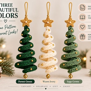 May include: Three spiral crochet Christmas tree ornaments in forest green, warm ivory, and sage green. Each tree features a gold star topper with a small white bead, gold bead accents along the spiral, and a gold jingle bell at the base.