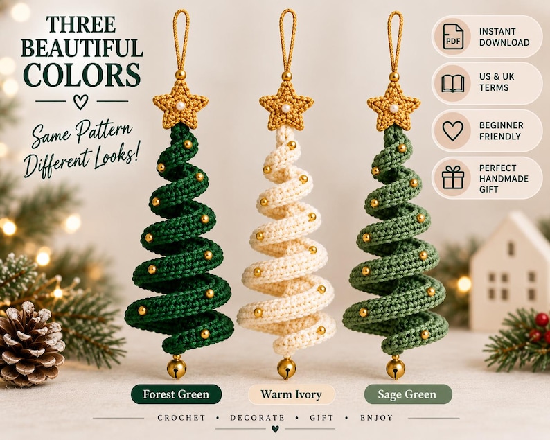 May include: Three spiral crochet Christmas tree ornaments in forest green, warm ivory, and sage green. Each tree features a gold star topper with a small white bead, gold bead accents along the spiral, and a gold jingle bell at the base.