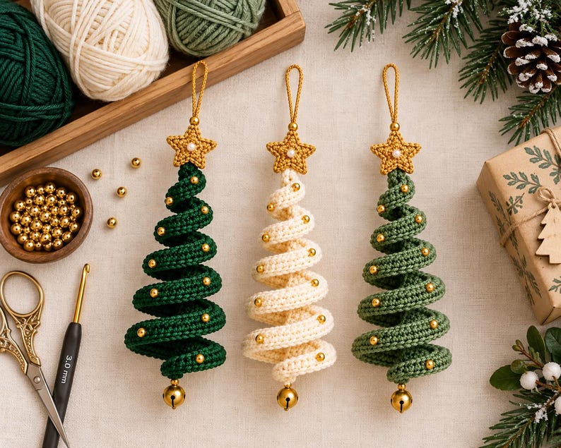 May include: Three spiral-shaped Christmas tree ornaments crocheted from yarn. Two are dark green and one is cream-colored. Each features a gold star at the top, small gold beads along the spiral, and a gold bell at the bottom with a hanging loop.