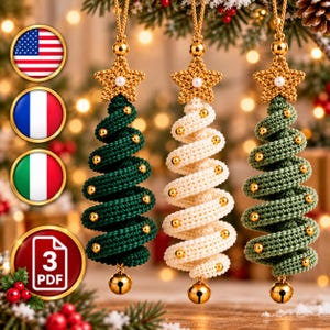 May include: Three spiral-shaped Christmas tree ornaments made of crocheted yarn. One is dark green, one is cream, and one is sage green. Each features a gold star topper with a pearl center, small gold beads along the spiral, and a gold jingle bell at the base.