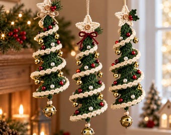 May include: Three hanging Christmas tree ornaments made of dark green crochet yarn. Each tree features a spiral cream-colored trim, small red and silver beads, gold jingle bells, and a cream crochet star topper with a small wooden button.