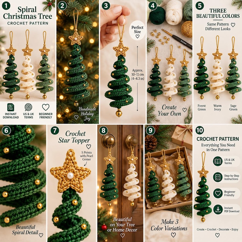 May include: A crochet pattern for spiral Christmas tree ornaments featuring gold star toppers with pearl centers, small gold beads, and hanging loops. The pattern includes instructions for forest green, warm ivory, and sage green trees, measuring 4 to 4.3 inches.