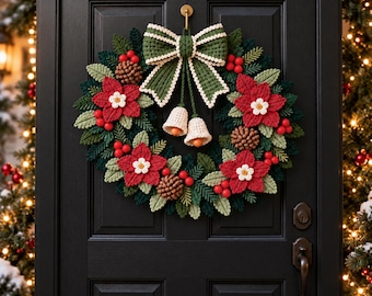 May include: A circular crochet wreath featuring dark and light green foliage, red poinsettia flowers with white centers, brown pinecones, and red berries. A large green bow with white trim hangs at the top with two small cream-colored bells attached.