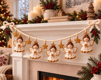 May include: A decorative garland featuring five crocheted angel figures with brown hair, white dresses, and gold halos, interspersed with crocheted gold stars and wooden beads, finished with cream-colored bows at each end of the rope.
