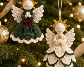 May include: Two crocheted angel ornaments hanging from strings. The left angel has a dark green dress, white wings, and a gold star halo. The right angel features a layered cream-colored dress with green trim, white wings, and a gold star halo.