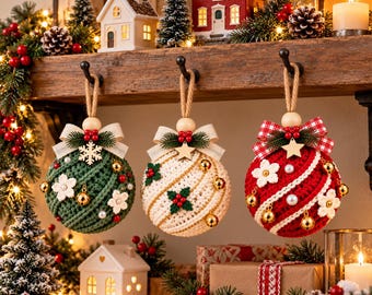May include: Three round crocheted Christmas ornaments hanging from hooks. The left is green with white flowers and gold beads, the center is cream with holly leaves, and the right is red with white flowers, gold beads, and a plaid ribbon bow.