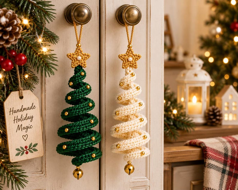 May include: Two spiral-shaped crochet Christmas tree ornaments, one dark green and one cream, each topped with a crocheted star and a small pearl. Both trees are decorated with gold beads and feature a gold jingle bell at the bottom point.