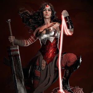 May include: A detailed statue of a woman in a red and silver costume, holding a large sword and standing on a red dragon. The woman has long dark hair and a red headband. A red energy beam extends from her hand.