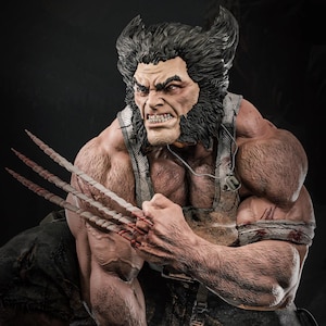 May include: A detailed statue of Wolverine, a Marvel Comics character, with a fierce expression. The figure has a muscular physique, with claws extended from one hand. The statue features a dog tag necklace and is painted in realistic tones.