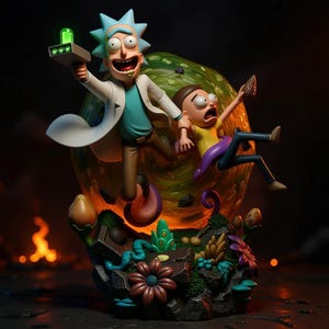 May include: A detailed figurine featuring Rick and Morty characters. Rick, with spiky blue hair and a lab coat, holds a device with a green light. Morty is in mid-air, with a terrified expression. The base includes colorful flora and a swirling green portal.