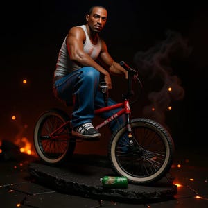 Puede incluir: Figura de un hombre con camiseta sin mangas blanca y vaqueros azules sentado en una bicicleta BMX roja. La bicicleta tiene neumáticos negros con laterales blancos. Una lata verde está en el suelo. El fondo es oscuro con chispas naranjas y amarillas.