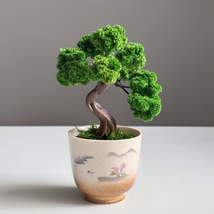 Mini Moss Bonsai, Japandi Desk Accent Tabletop Sculpture | Ceramic Pot, Wire Trunk | 15 Cm Tall