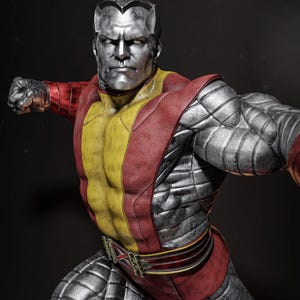 Könnte beinhalten: Detaillierte Actionfigur von Colossus, einer Marvel Comics-Figur. Die Figur hat einen metallisch silbernen Kopf und gepanzerte Arme, mit einem gelben Torso und roten Akzenten. Die Figur befindet sich in einer dynamischen Pose mit geballter Faust.