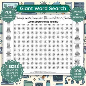 May include: A printable word search puzzle titled Giant Word Search Coding and Computer Terms Word Search with 100 hidden words to find. The document includes lists of technical terms, a grid of letters, and notes indicating 4 sizes: 48x36 in, 36x24 in, US Letter, and A1.