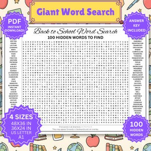 May include: A colorful "Back to School" themed word search puzzle with 100 hidden words. The puzzle includes words like "student," "math," and "homework." Available in 4 sizes: 48x36 inches, 36x24 inches, US Letter, and A1. Includes an answer key.