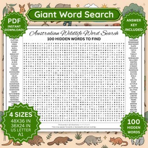 Op de afbeelding: Een woordzoekpuzzel getiteld Australian Wildlife Word Search met 100 verborgen woorden om te vinden. Het document bevat een raster met letters, lijsten met dierennamen en tekst die 4 formaten aangeeft: 48x36 in, 36x24 in, US Letter en A1.