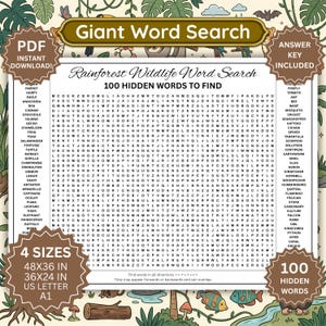 Op de afbeelding: Een Giant Word Search puzzelblad getiteld Rainforest Wildlife Word Search met 100 verborgen woorden om te vinden. Het document bevat lijsten met dieren, een letterraster en tekst die 4 formaten aangeeft: 48x36 in, 36x24 in, US Letter en A1.