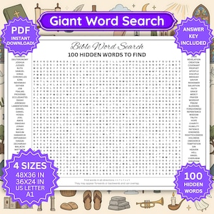 Puede incluir: Una hoja de sopa de letras bíblica con 100 palabras ocultas y listas de términos a los lados. El documento incluye el texto Giant Word Search y especifica 4 tamaños: 122x91 cm, 91x61 cm, A4 y A1.