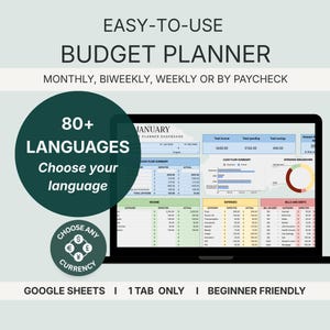Może przedstawiać: Cyfrowy planista budżetu wyświetlany na ekranie laptopa. Planista jest łatwy w użyciu i obsługuje budżet miesięczny, dwutygodniowy, tygodniowy lub według wypłaty. Posiada ponad 80 języków i dowolną walutę. Na ekranie widnieje "Panel planisty na styczeń".