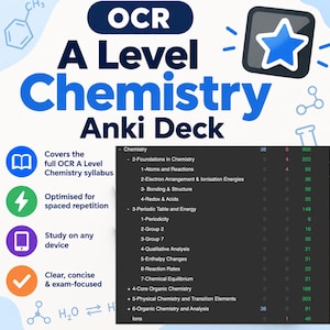 May include: A digital study resource titled OCR A Level Chemistry Anki Deck, featuring a blue star icon, a list of chemistry topics including Atoms and Reactions, Bonding, and Organic Chemistry, with icons for syllabus coverage and device compatibility.