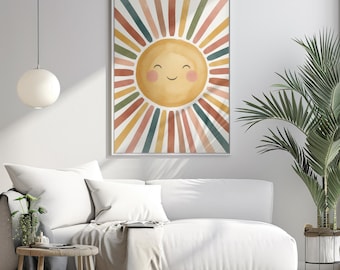 Plakat z uśmiechniętym słońcem – sztuka ścienna do pokoju dziecięcego w stylu boho, ilustracja tęczowego słońca, wystrój pokoju dziecięcego, pozytywny wydruk artystyczny na ścianę
