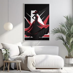 Könnte beinhalten: Ein gerahmter Kunstdruck mit einer stilisierten Illustration einer Frau in einem roten Kleid und Hut. Das Kunstwerk verwendet eine kräftige Farbpalette aus Rot, Schwarz und Weiß mit geometrischen Formen im Hintergrund. Die Silhouette der Frau ist elegant.