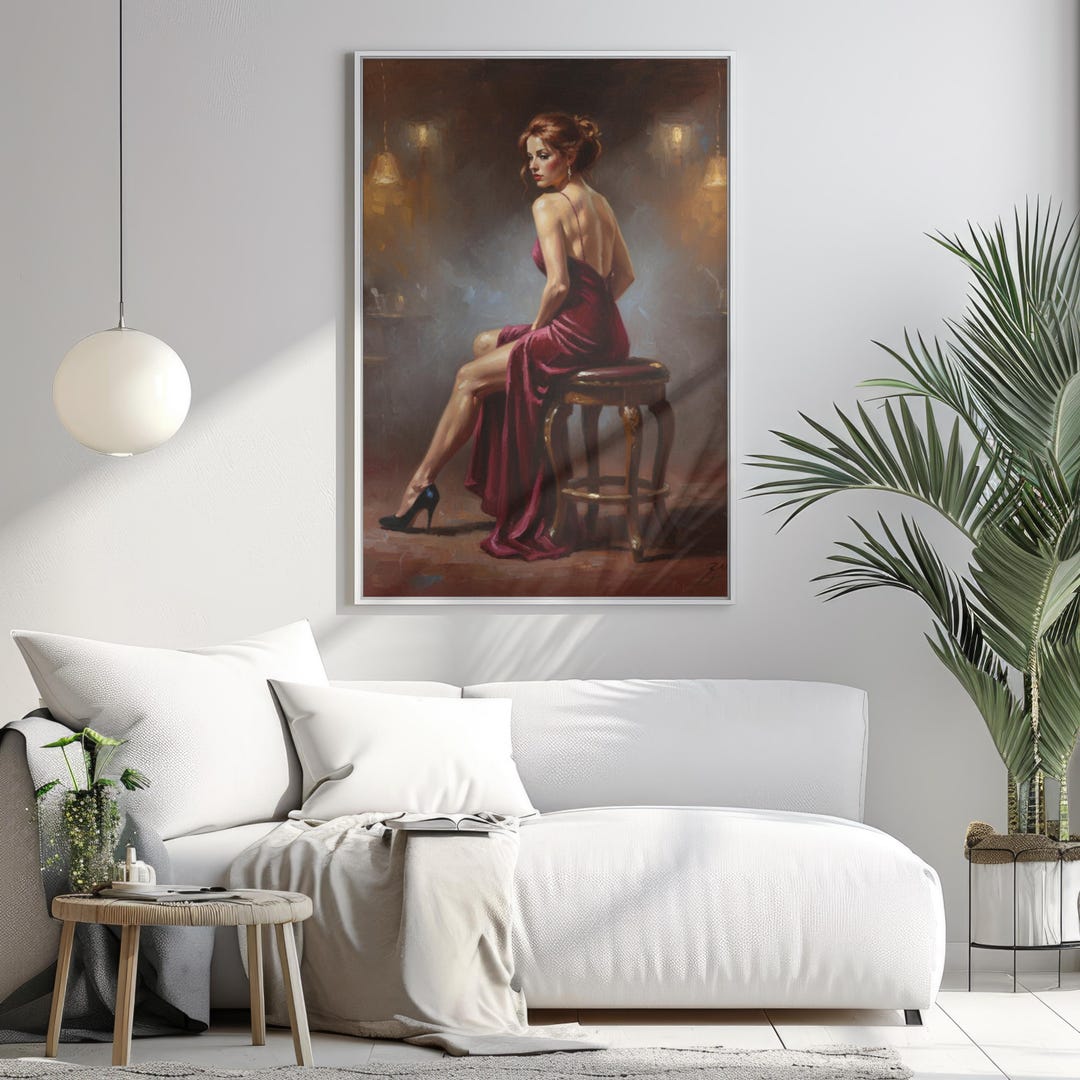 Elegant Woman in Red Dress Bar Wall Art - Vintage Lounge Portrait ...