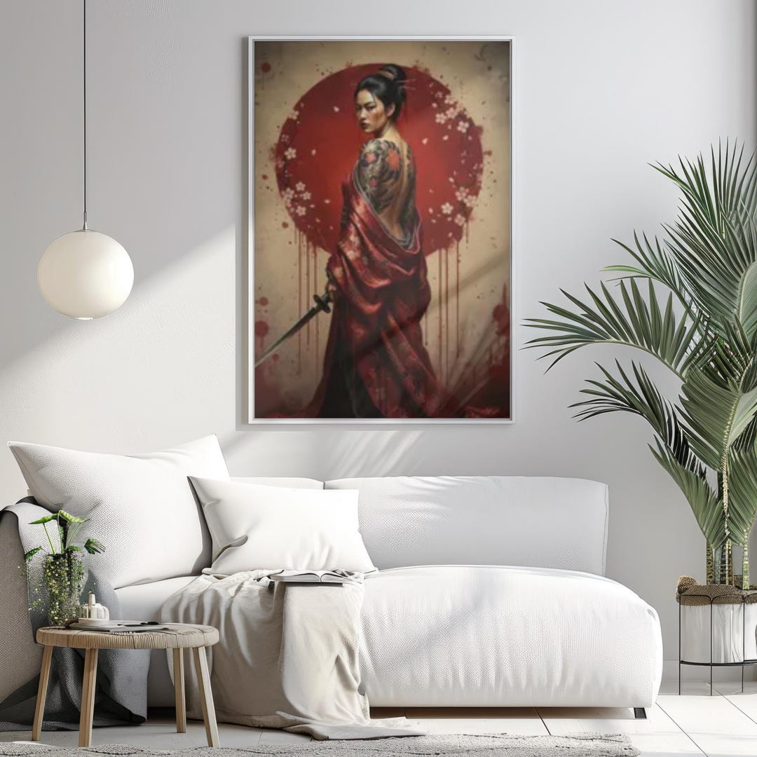 Japanese Samurai Woman Wall Art - Tattoo Geisha With Katana Poster, Red ...