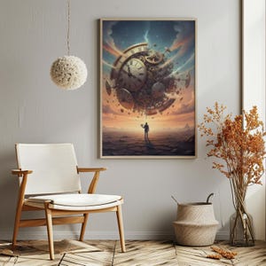 May include: A framed art print depicts a surreal scene with a large clock disintegrating in the sky above a silhouetted figure. The artwork features warm sunset colors, gears, and a sense of wonder, suitable for home decor.