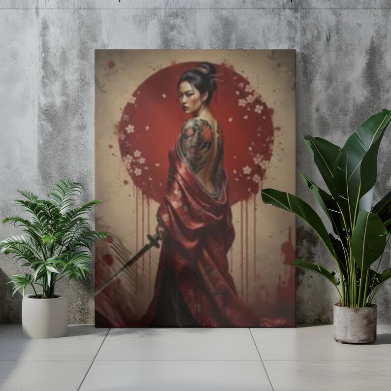 Japanese Samurai Woman Wall Art - Tattoo Geisha With Katana Poster, Red ...