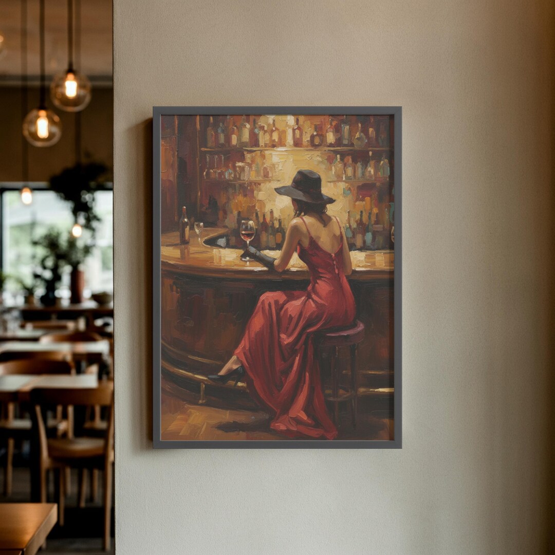 Woman at Bar Wall Art Poster - Elegant Red Dress Wine Painting, Vintage ...