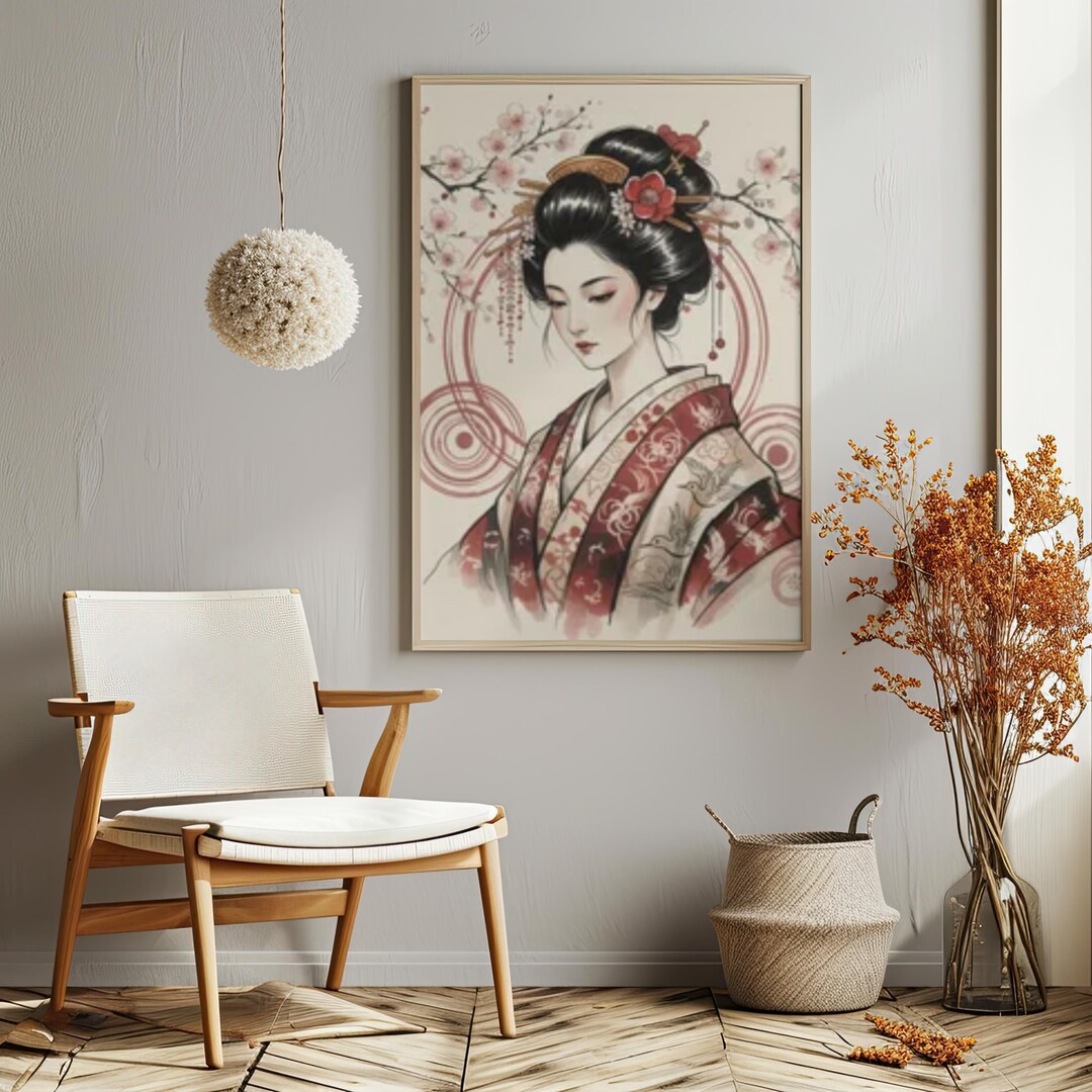 Japanese Geisha Wall Art - Sakura Kimono Poster, Traditional Asian ...