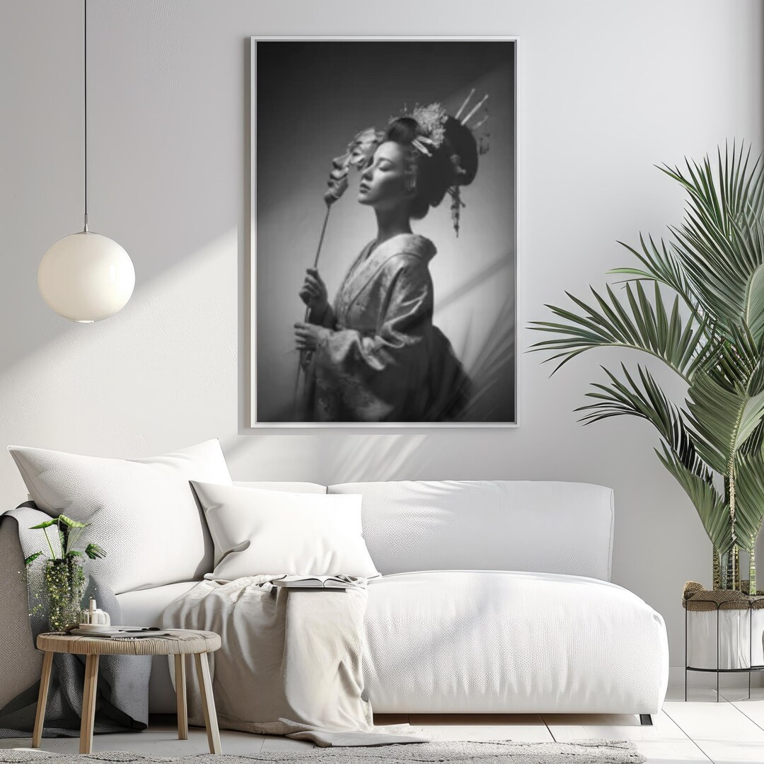 Black and White Geisha Art Poster - Japanese Mask Portrait, Elegant ...