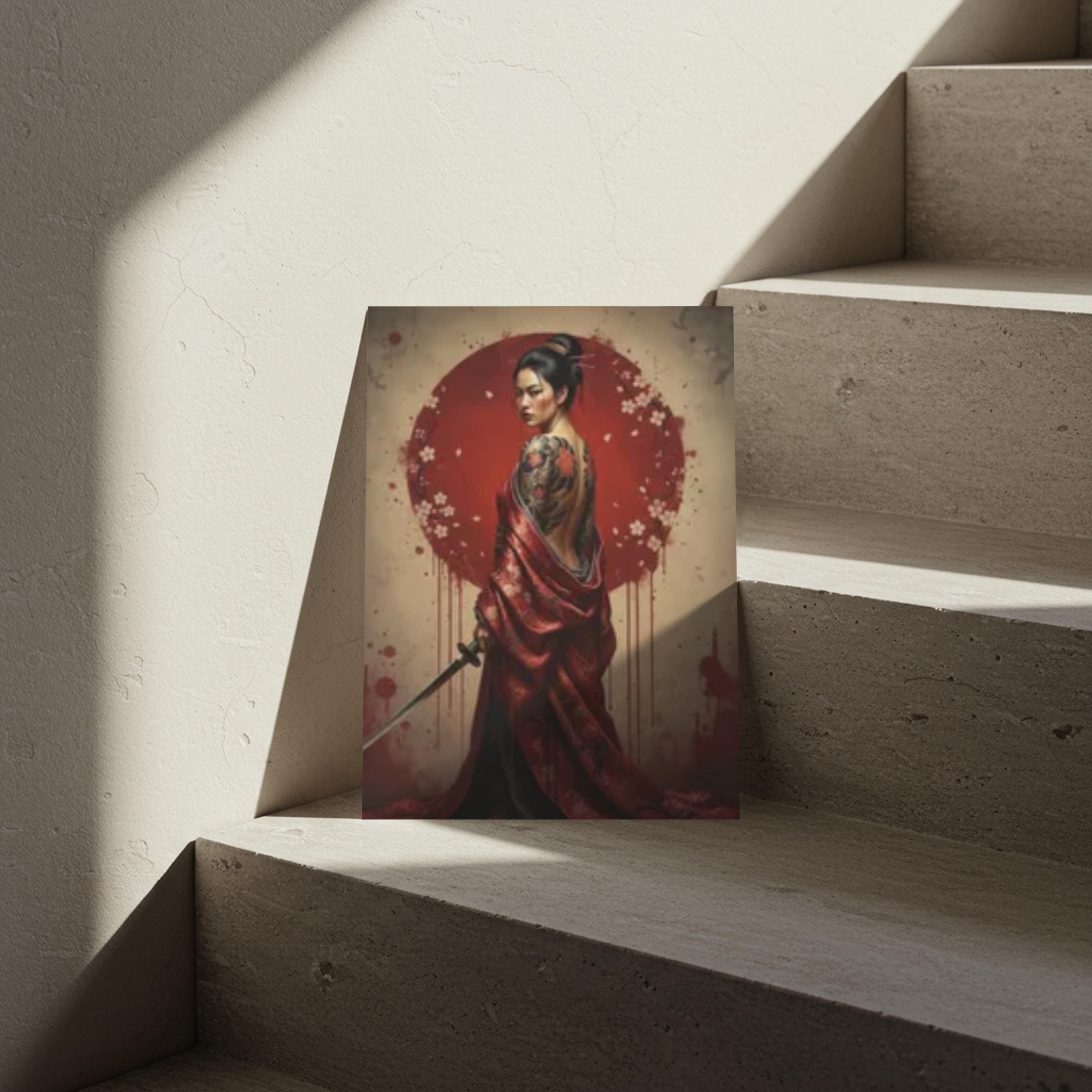 Japanese Samurai Woman Wall Art - Tattoo Geisha With Katana Poster, Red ...