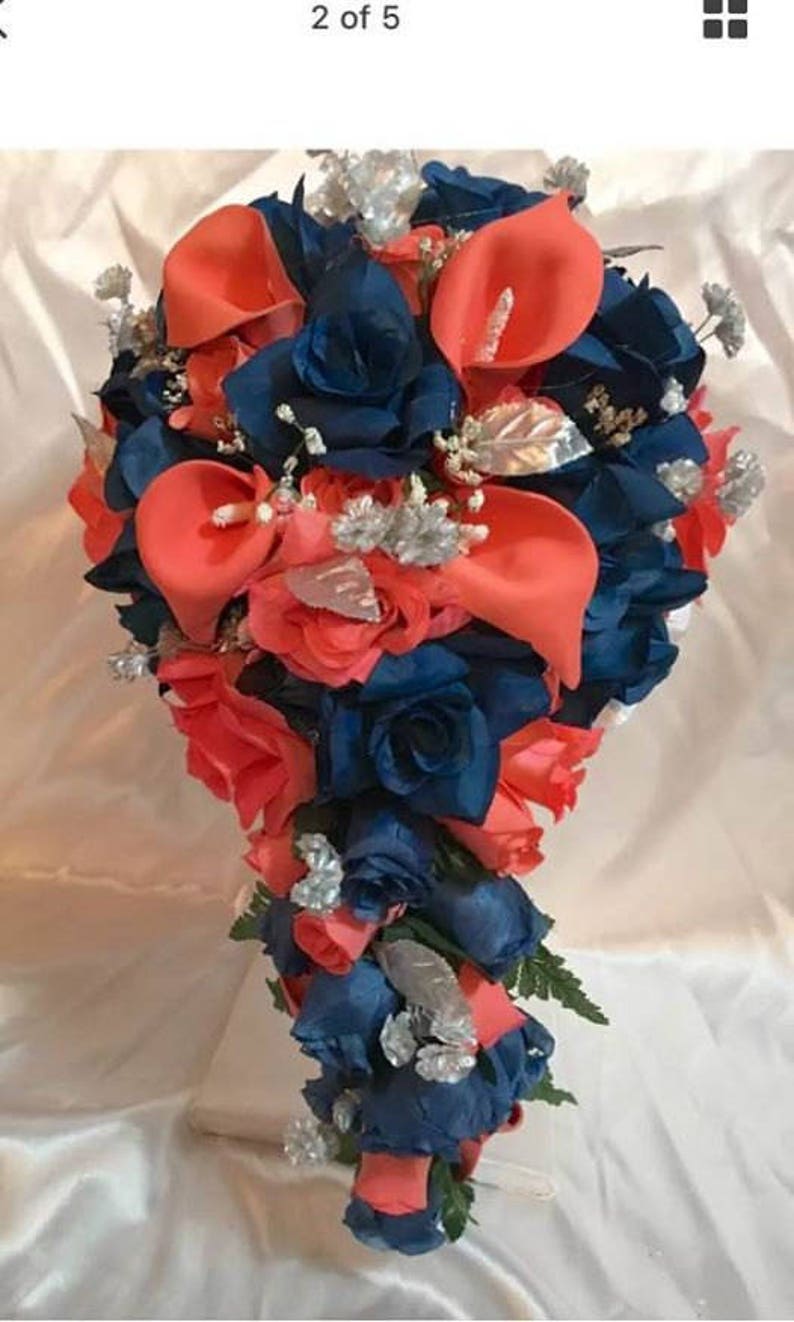 Coral Navy Blue Rose Silk Wedding Flowers Bridal Bouquet Artificial Flower Wedding Flower Set Faux Diamonds Bridal Bouquet Package