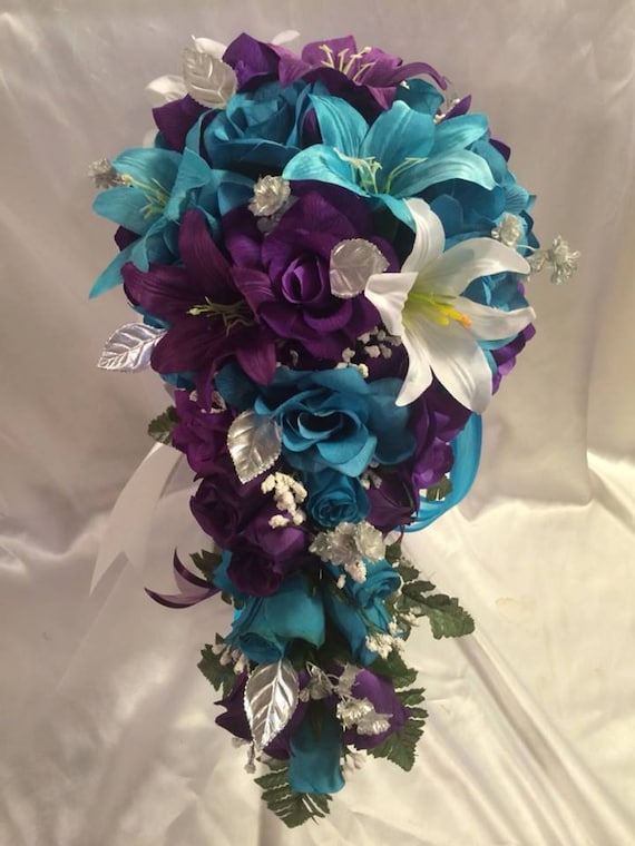 Malibu Turquoise White Silk Flower Wedding Bridal Bouquet Cascade Package