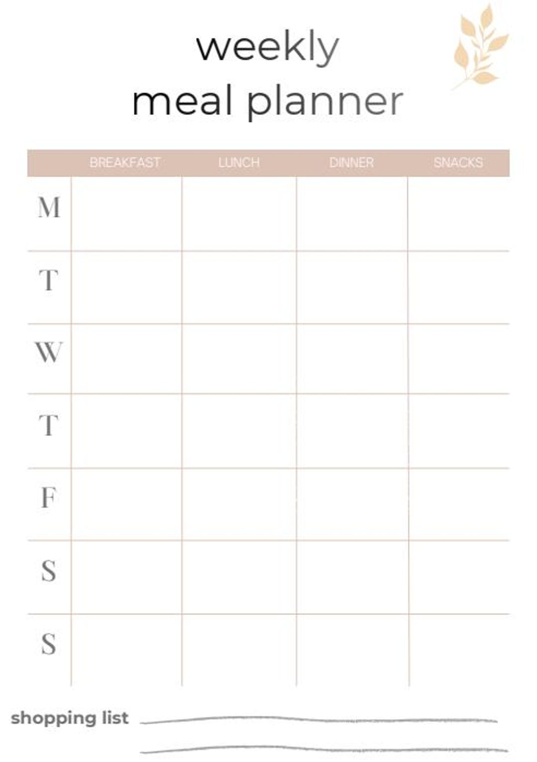 Minimalist Weekly Meal Planner With Shopping List, Sage Floral Menu ...