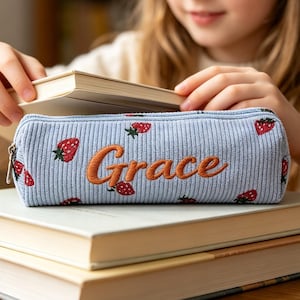 Sweet Gift For Little Learners, Personalized Corduroy Strawberry Pencil Case, Embroidered Name Pen Pouch For Back To School,Custom Pen Case