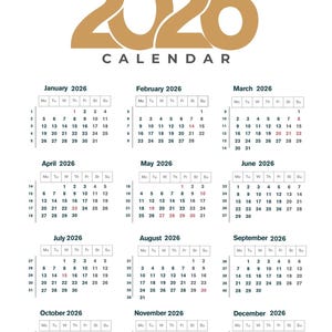 Könnte beinhalten: Ein 2026-Kalender mit goldenem Titel und Monatsübersichten. Jeder Monat zeigt Tage und Daten, mit dem Jahrestitel oben. Praktisch für die Jahresplanung.