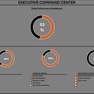 May include: A gray dashboard titled "EXECUTIVE COMMAND CENTER" with the text "Daily Performance Dashboard" and the date 3.01.2026. It features circular progress indicators showing percentages: 53%, 60%, 80%, and 20%. Below are lists for Sales Pipeline, Financial Health, and Deep Work & Focus.