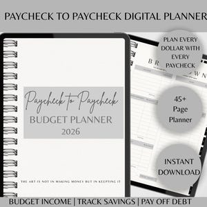 May include: Digital budget planner titled "Paycheck to Paycheck Budget Planner 2026." The planner features a spiral binding and includes sections for budget income, tracking savings, and paying off debt. The planner has over 45 pages and is available for instant download.