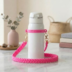 Personalized Water Bottle Handle, Braided Silicone Strap Carrier, Engraved Name Band, Kids Drink Holder