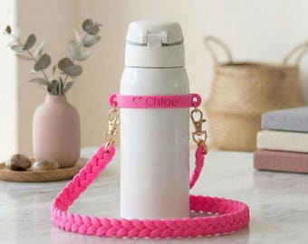 Manico personalizzato per borraccia, cinturino in silicone intrecciato, fascia con nome inciso, portabevande per bambini